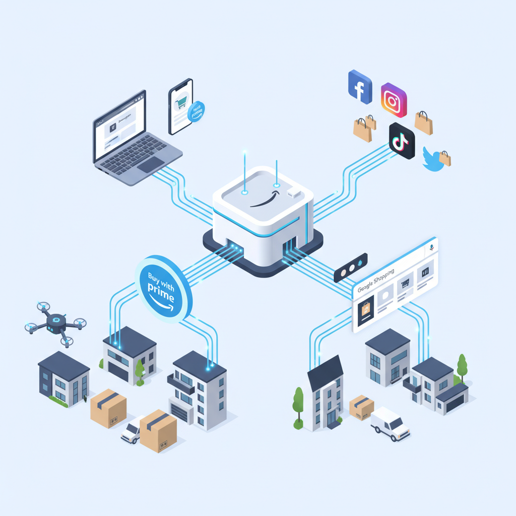 High-tech visual of Amazon-powered global e-commerce supply chain from import to final delivery with data overlays