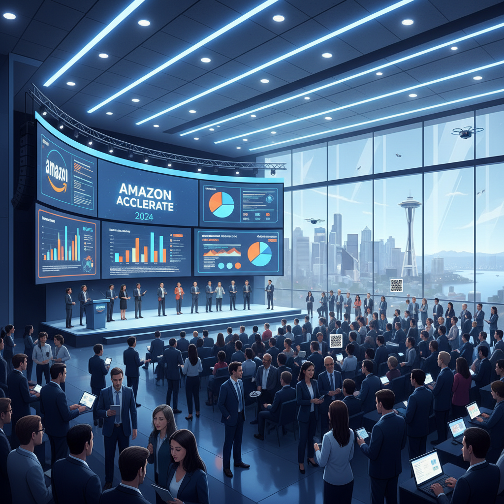 Amazon Accelerate 2024 main stage at a bustling tech conference in downtown Seattle with sellers, brands, and agencies networking