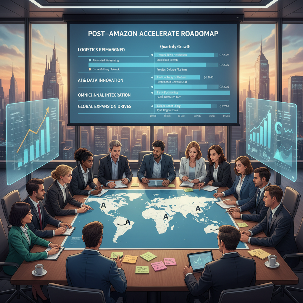 Leadership team planning global Amazon marketplace expansion with world map, charts, and roadmap milestones