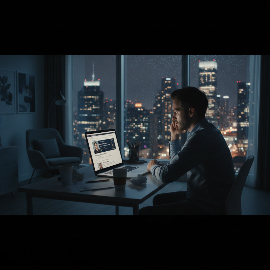 Young professional late at night reviewing Amazon Area Manager job listings on a laptop