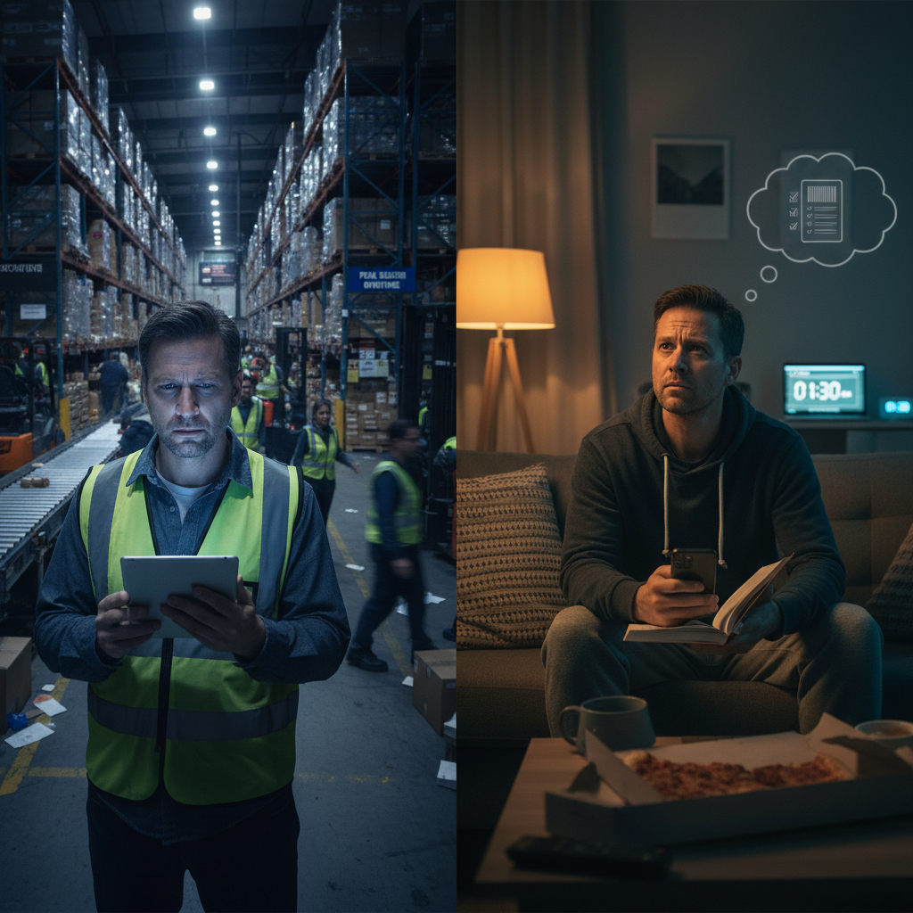 Side-by-side comparison of office worker and warehouse manager with pay ranges beside each