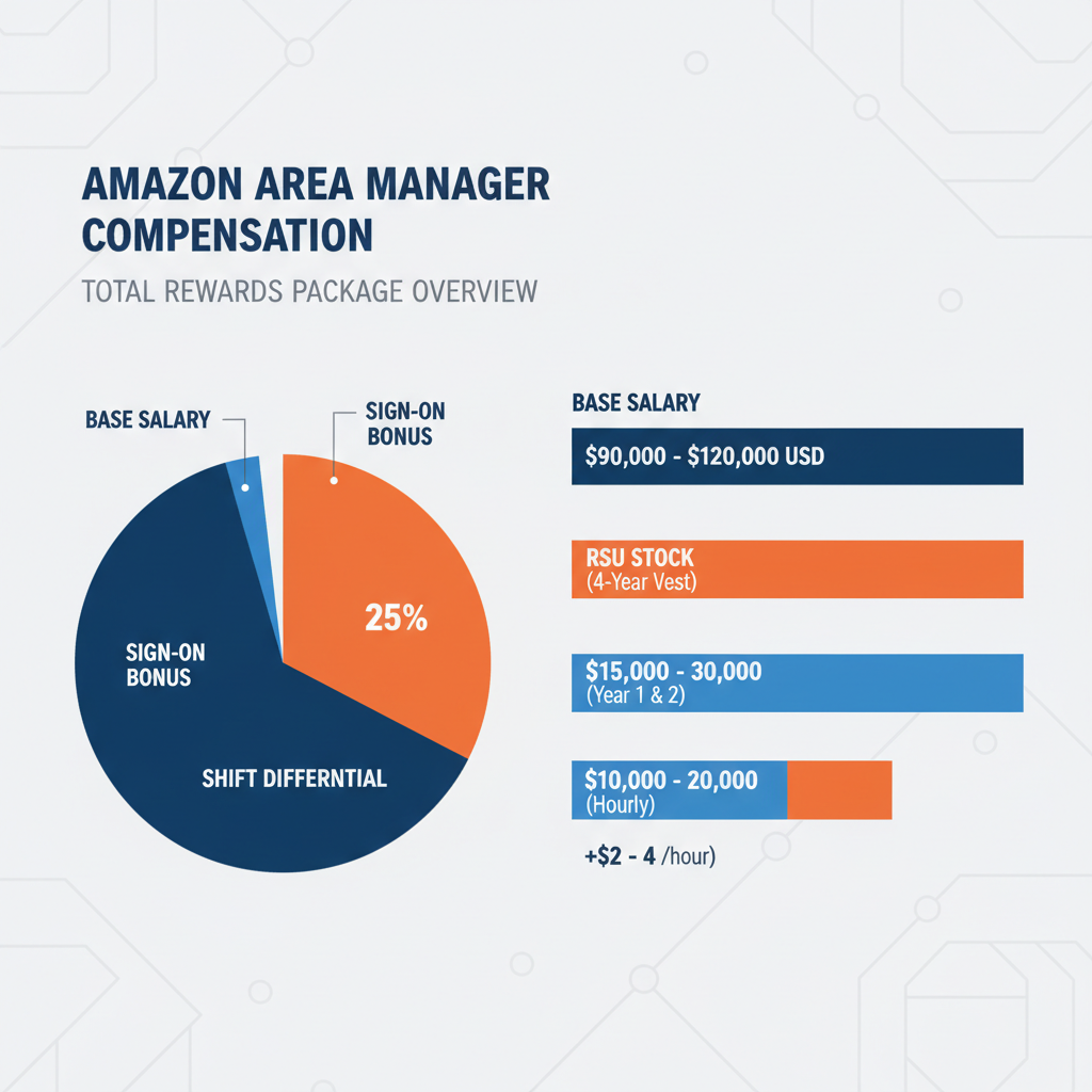 Infographic visualization of Amazon Area Manager compensation breakdown including salary, sign-on, and stock