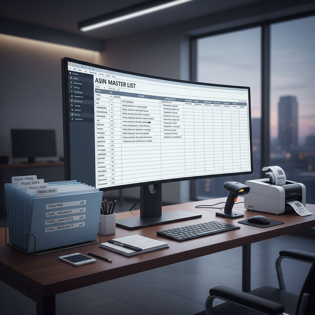 Organized Amazon seller desk with ASIN master sheet, labeled FNSKU files, and barcode tools