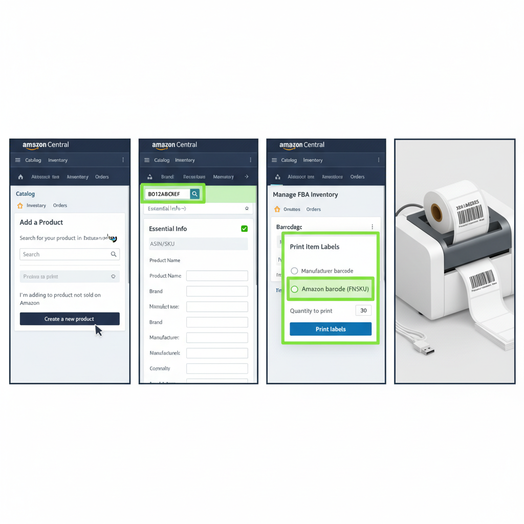 Seller workflow from creating ASIN to generating FNSKU barcode labels