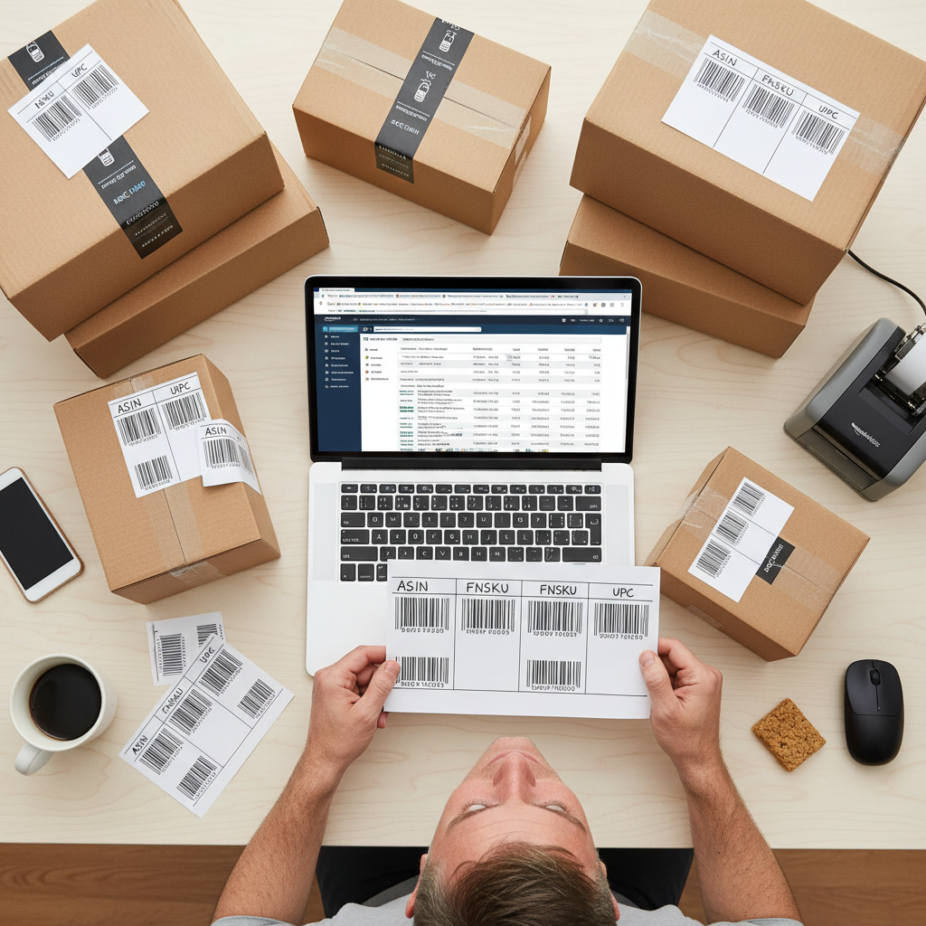Cluttered Amazon seller workspace with confused seller holding ASIN, FNSKU, and UPC labels