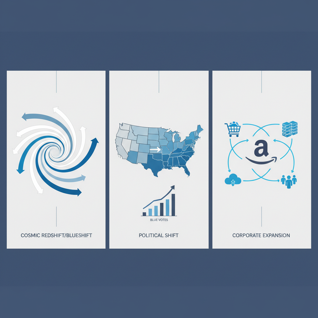 Conceptual illustration of three interpretations of Amazon blue shift: physics, politics, and business gravity around Amazon