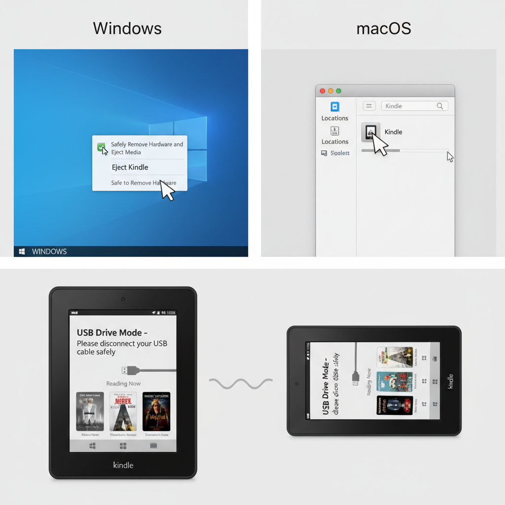 Infographic of safely ejecting Kindle on Windows and macOS and device returning to home screen