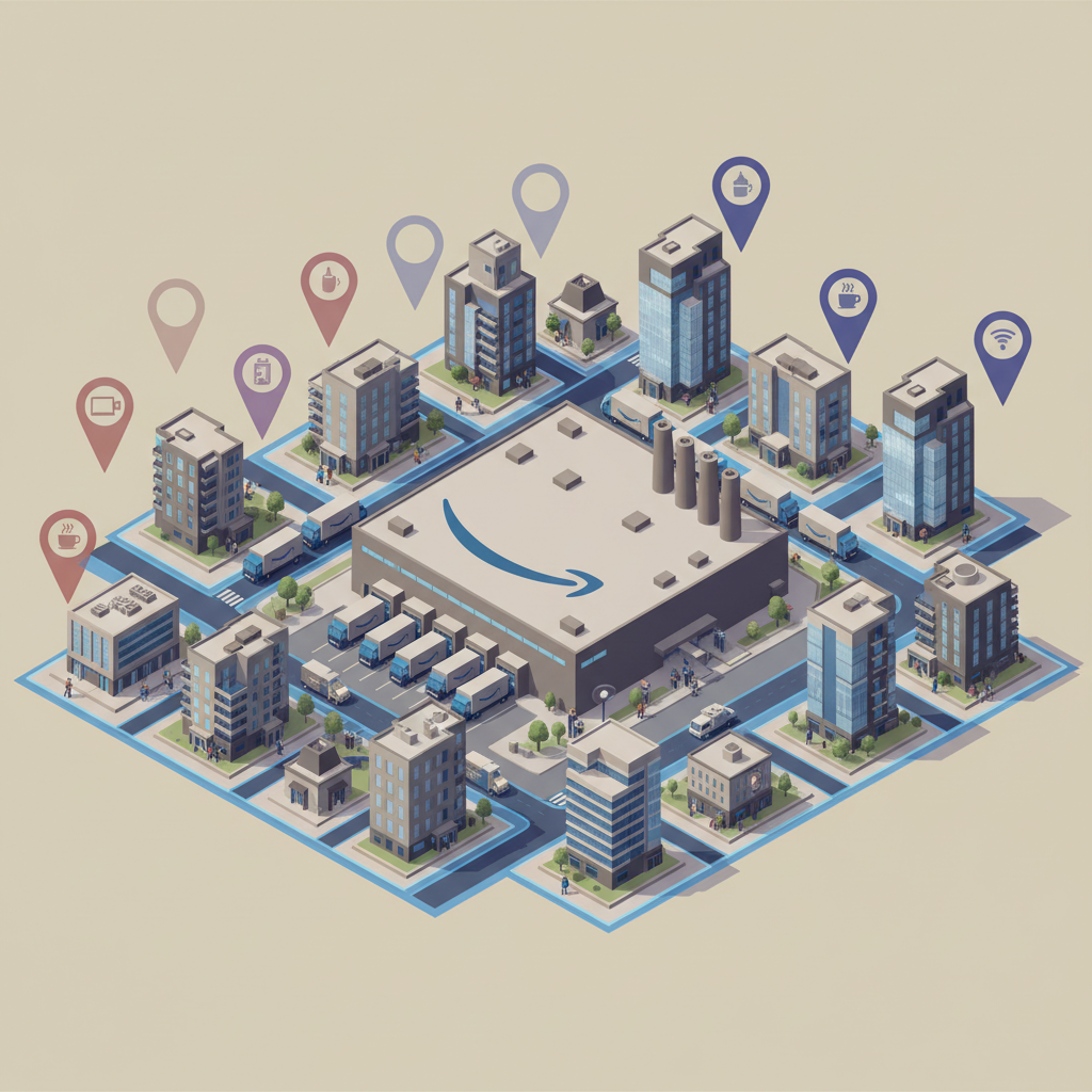 Isometric town map showing an Amazon warehouse and a gradual political shift in local districts
