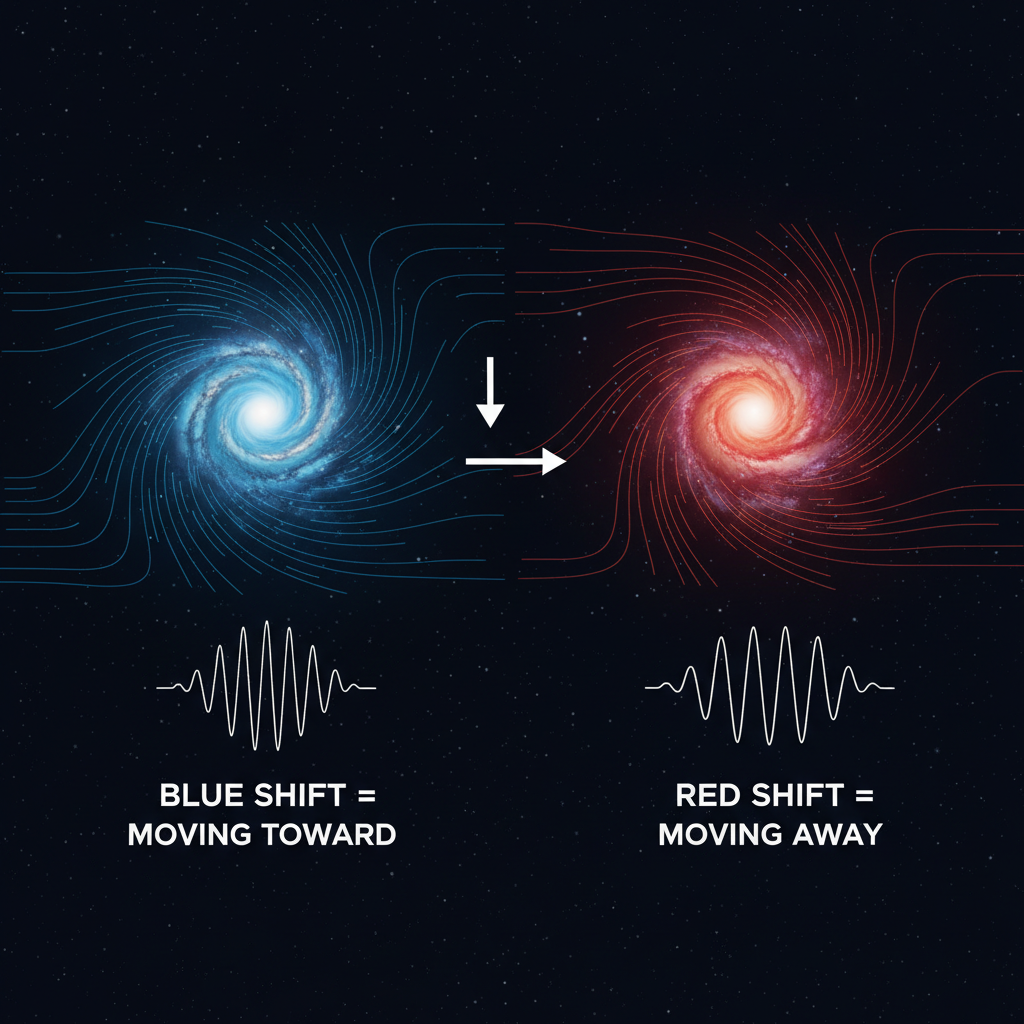 Astronomy visualization contrasting blue shift and redshift with labeled light wavelengths
