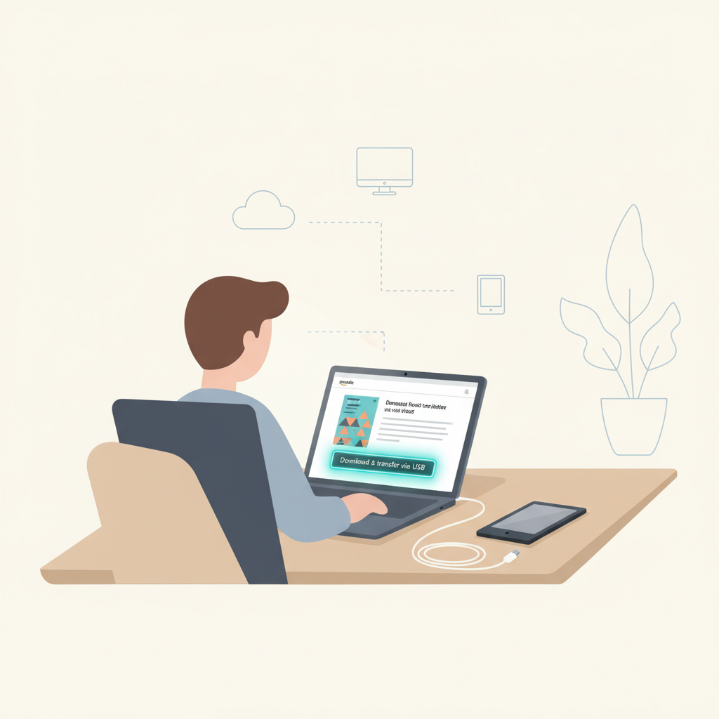 Illustration of Kindle USB download showing cloud, computer, and Kindle destinations