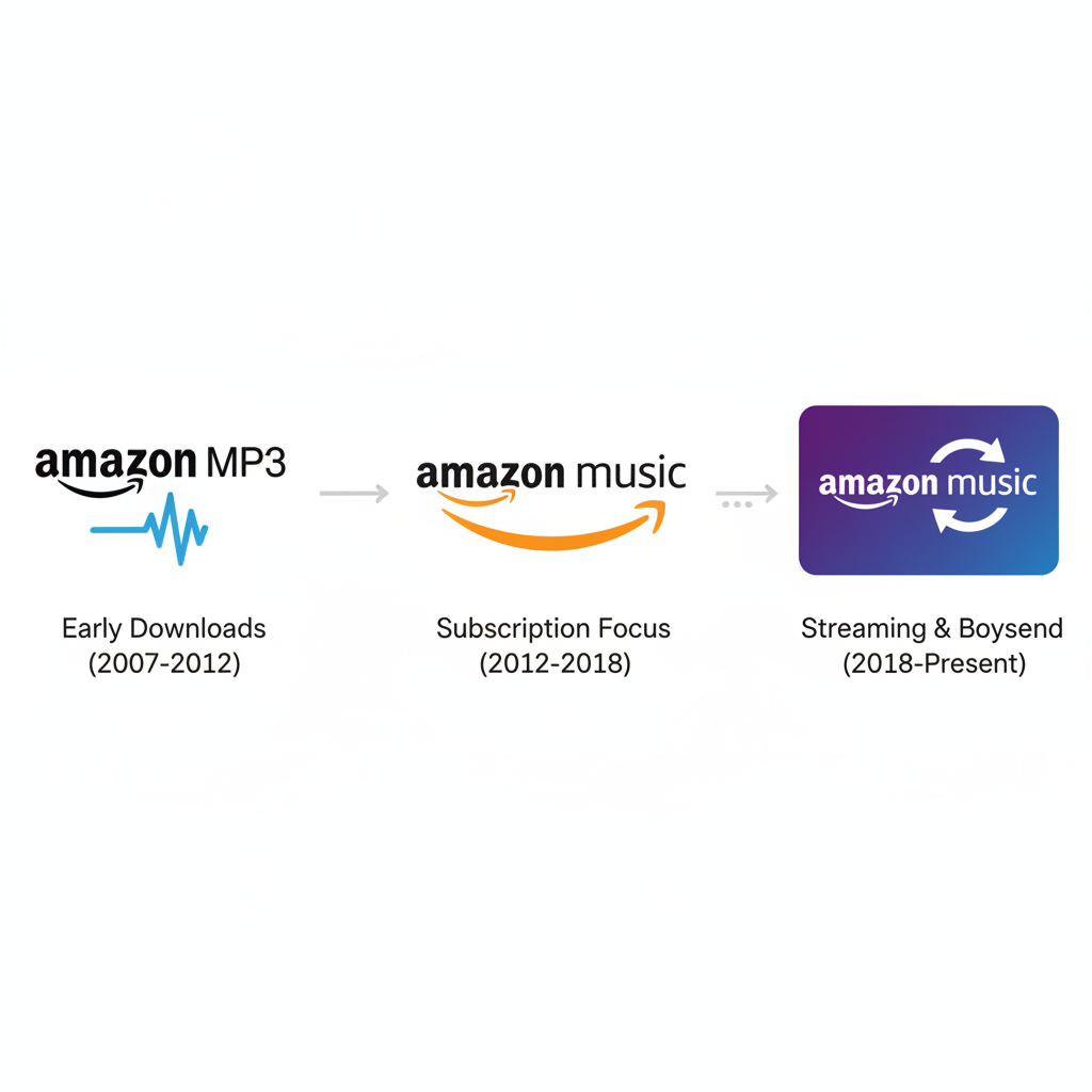 Visual timeline graphic showing three stylized eras of an Amazon Music-style logo from download store to modern streaming service