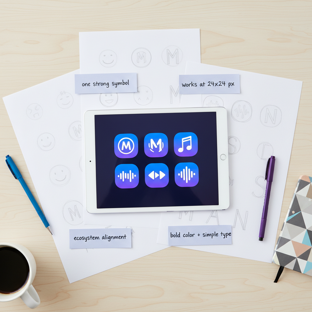 Four generic streaming icons side by side comparing wave, note, play, and smile-based brand approaches