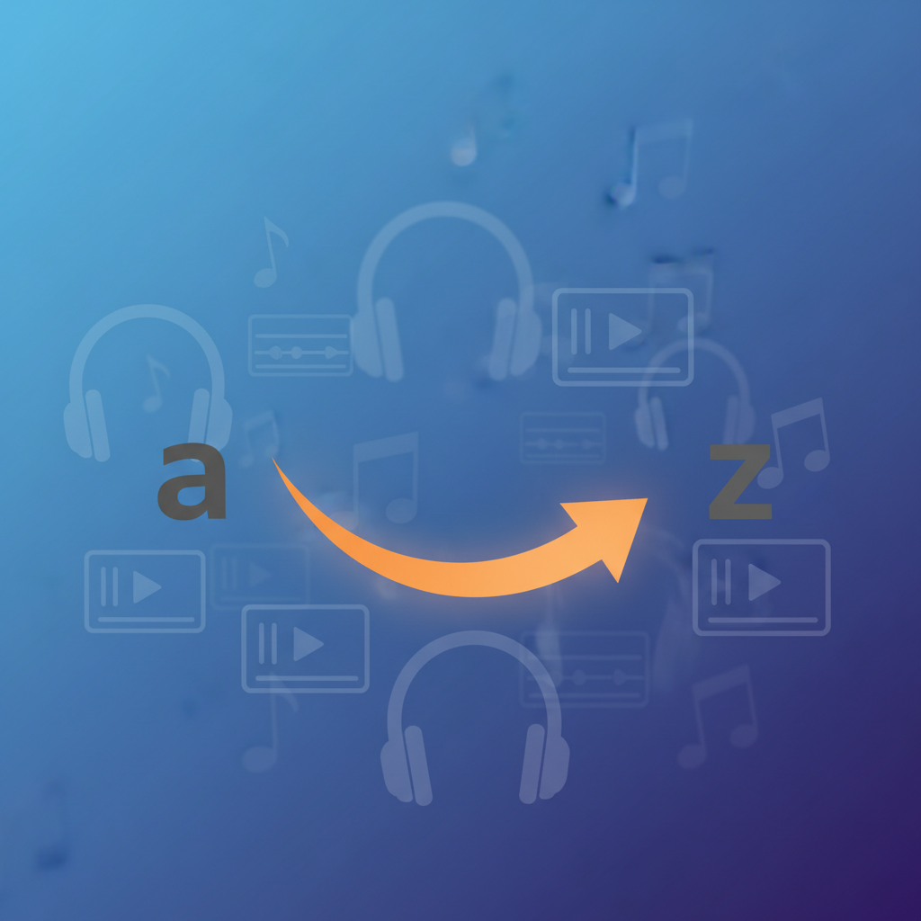 Conceptual close-up of an orange smile arrow running from letter a to z with subtle music icons in the background