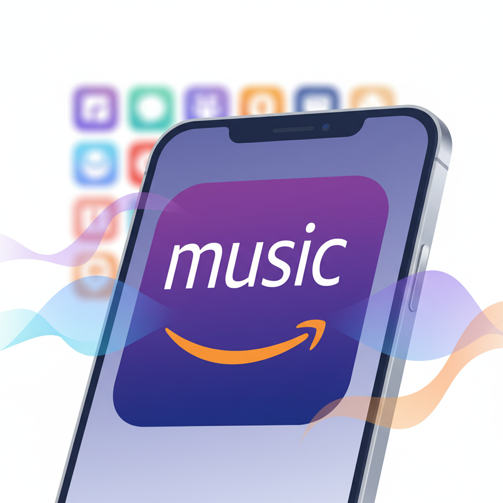 Smartphone screen showcasing a stylized Amazon Music-style app icon in rich purple and indigo gradient with music text and smile arrow
