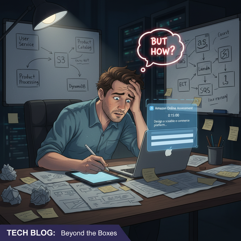 Anxious software engineer overwhelmed by messy Amazon system design sketches