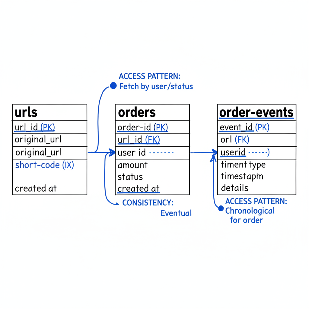 Data modeling whiteboard for URLs, orders, and order events tables