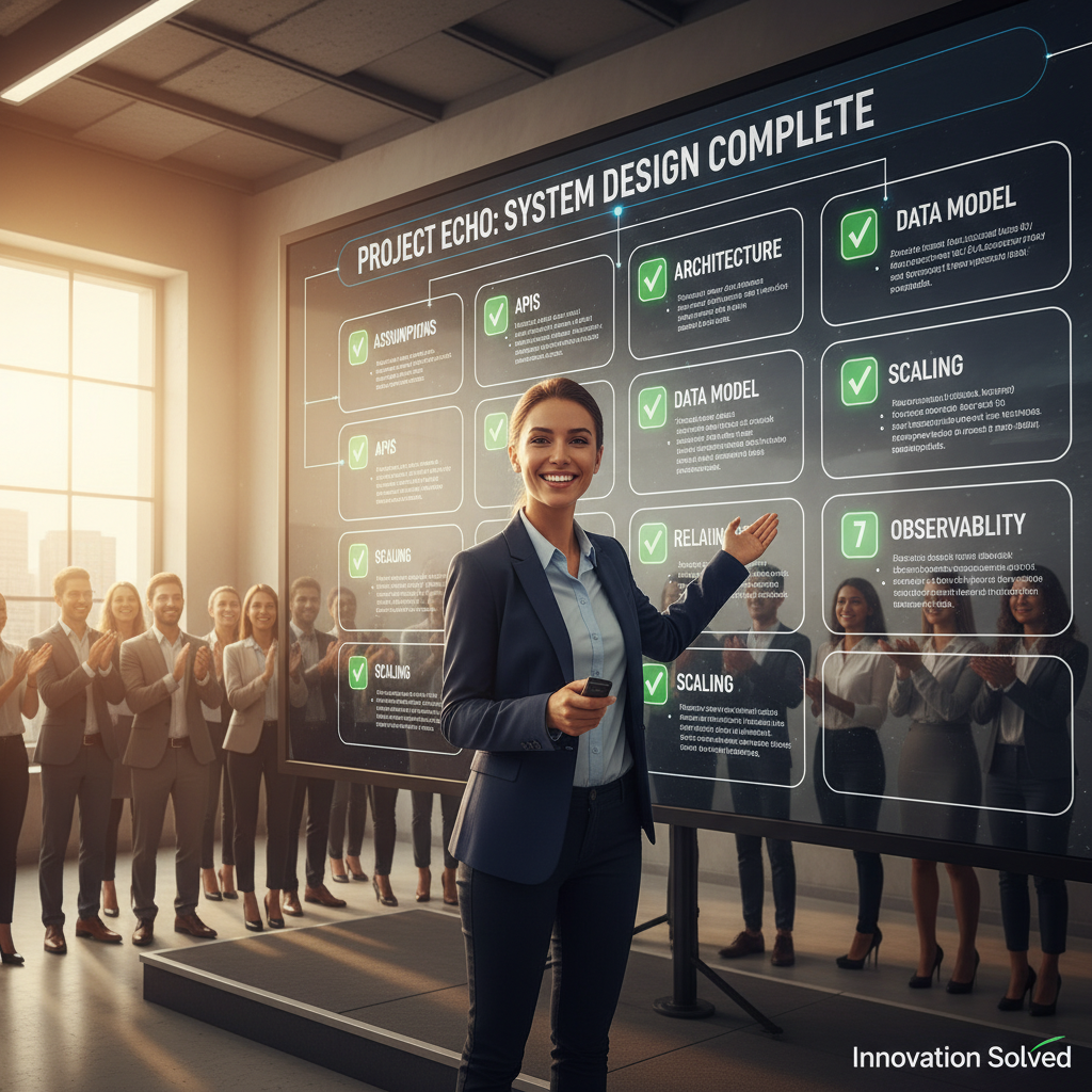 Confident engineer presenting a clean 7-step Amazon system design on a digital whiteboard