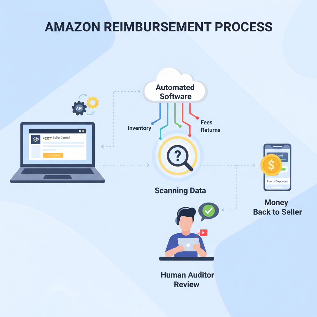 Infographic showing how Amazon reimbursement services connect via API, audit data, and send money back to sellers