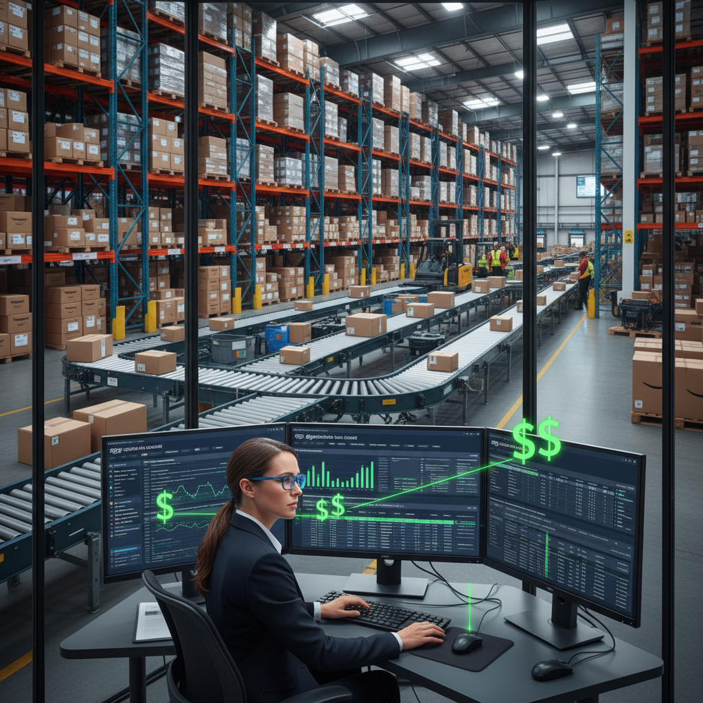 Busy Amazon FBA warehouse with forensic accountant analyzing Seller Central data for hidden reimbursements