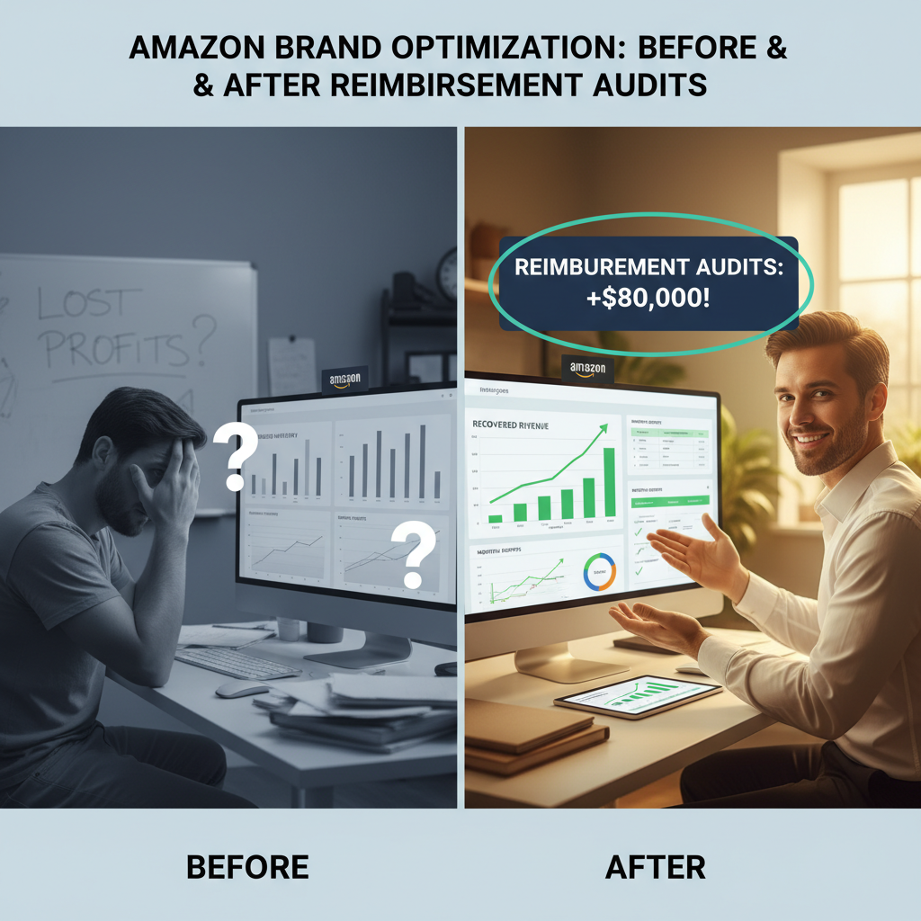 Before and after case study image showing revenue leaks vs recovered reimbursements for an Amazon brand