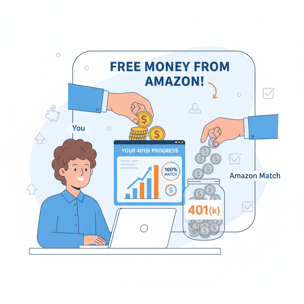 Amazon employee viewing 401(k) dashboard with Amazon match illustrated as extra money being added
