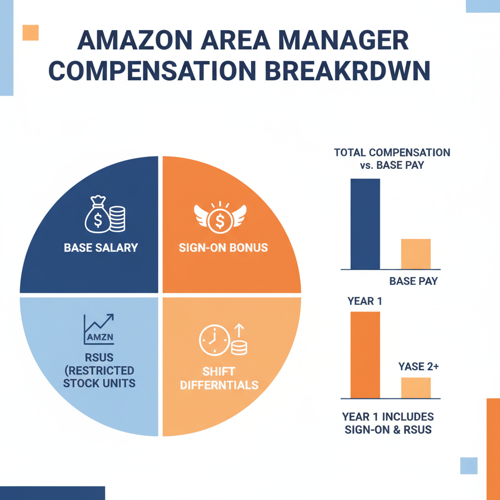 Infographic showing Amazon Area Manager salary components like base, sign-on, RSUs, and shift differentials