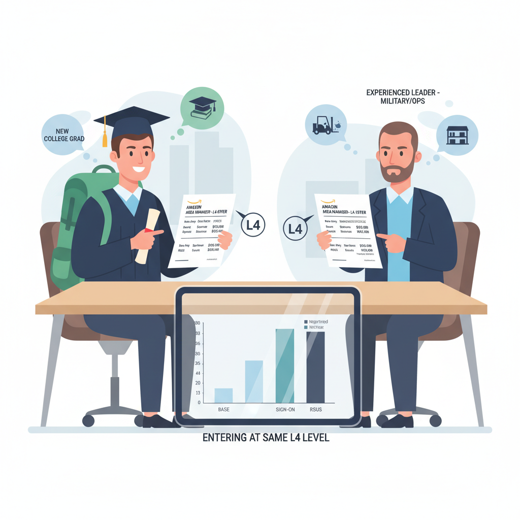Illustration comparing new grad and experienced hire Amazon Area Manager offers