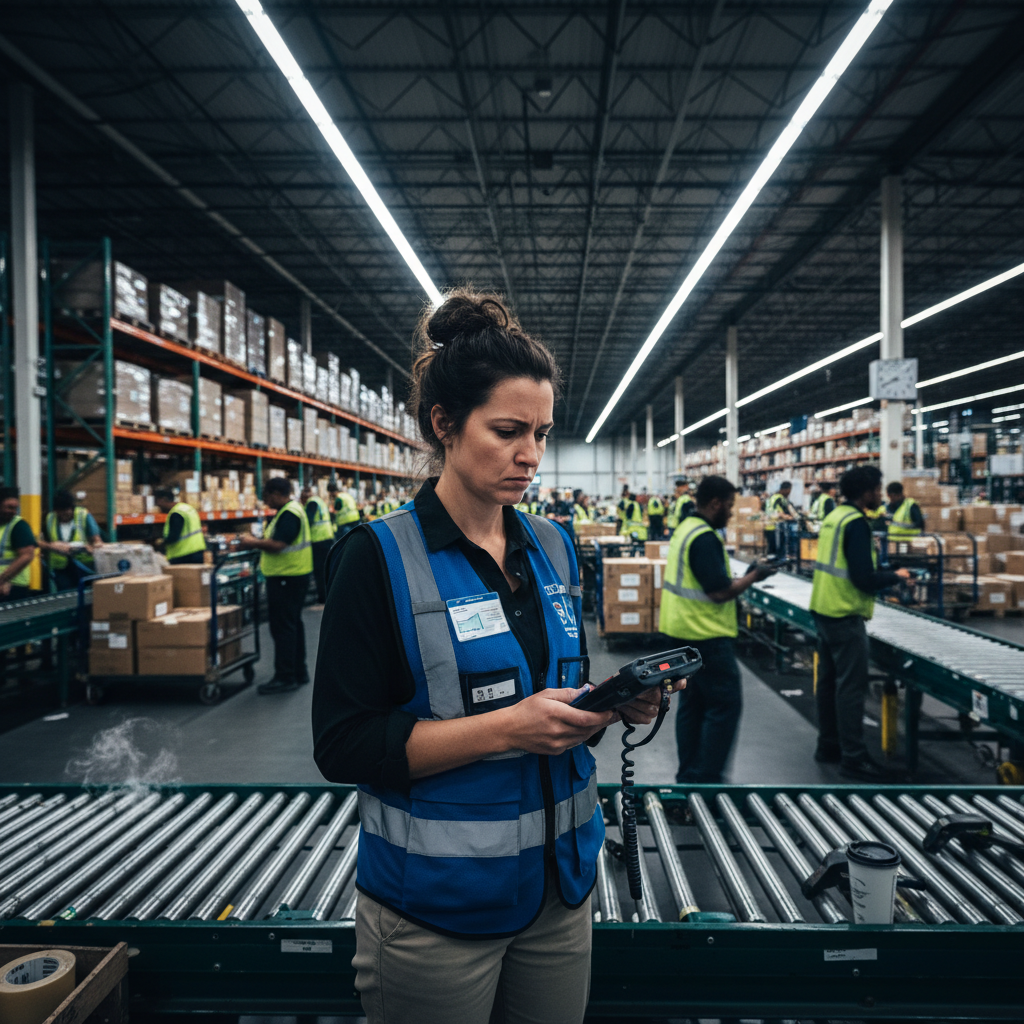 Nighttime warehouse scene of an Amazon Area Manager working during a hectic peak shift
