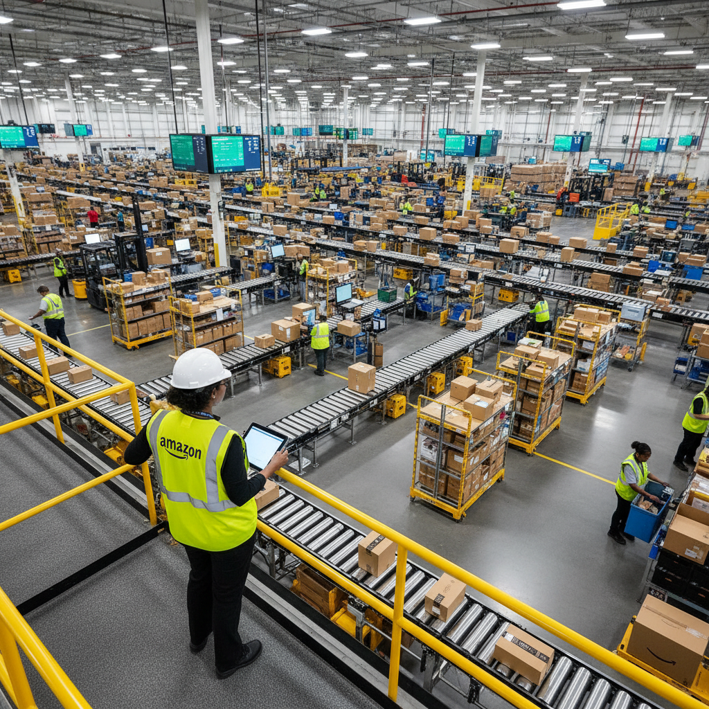 Amazon area manager overseeing a busy, high-tech fulfillment center floor