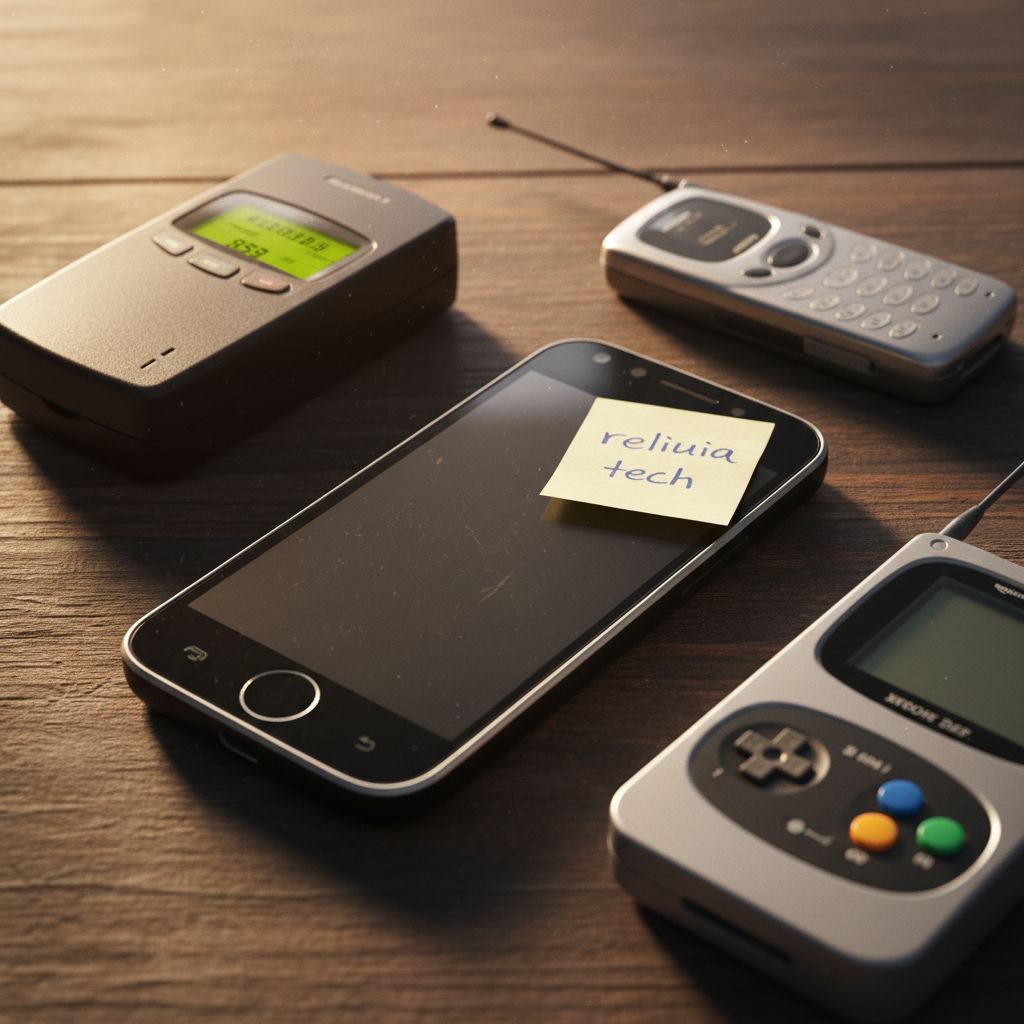 Amazon Fire Phone sobre una mesa de madera junto a gadgets retro, con luz cálida, como una reliquia tecnológica de colección