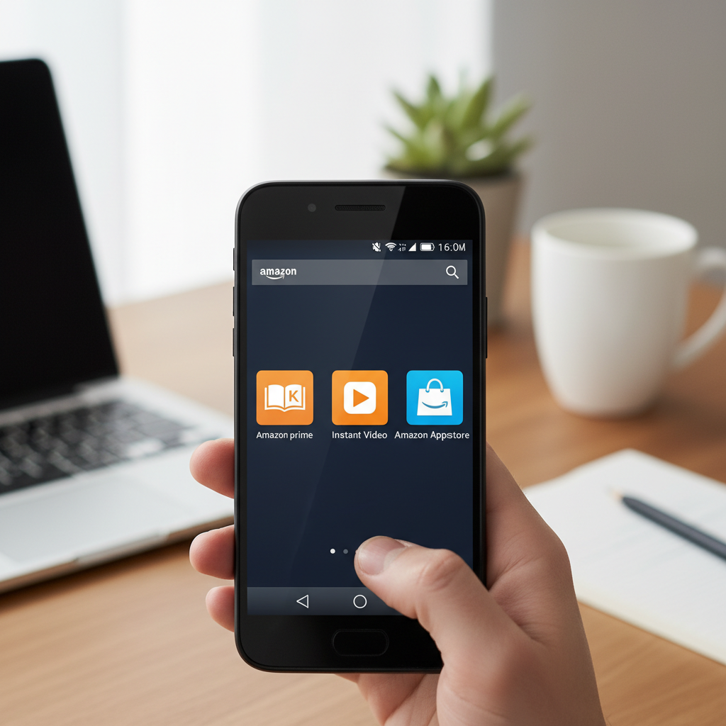 Detalle del Amazon Fire Phone en la mano de un usuario mostrando la interfaz Fire OS con apps de Amazon Prime, Kindle, Instant Video y Amazon Appstore