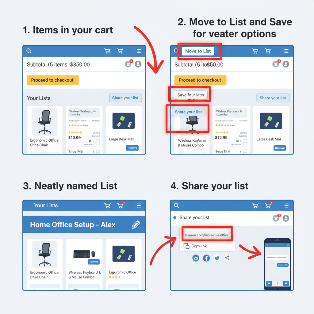 Visual guide showing how to convert an Amazon cart into a sharable List with panels for Move to List and sharing