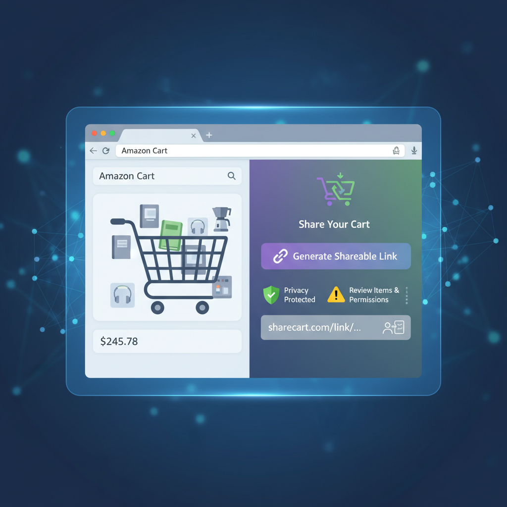 Illustration of third-party tools creating a shareable Amazon cart link with privacy and security cues