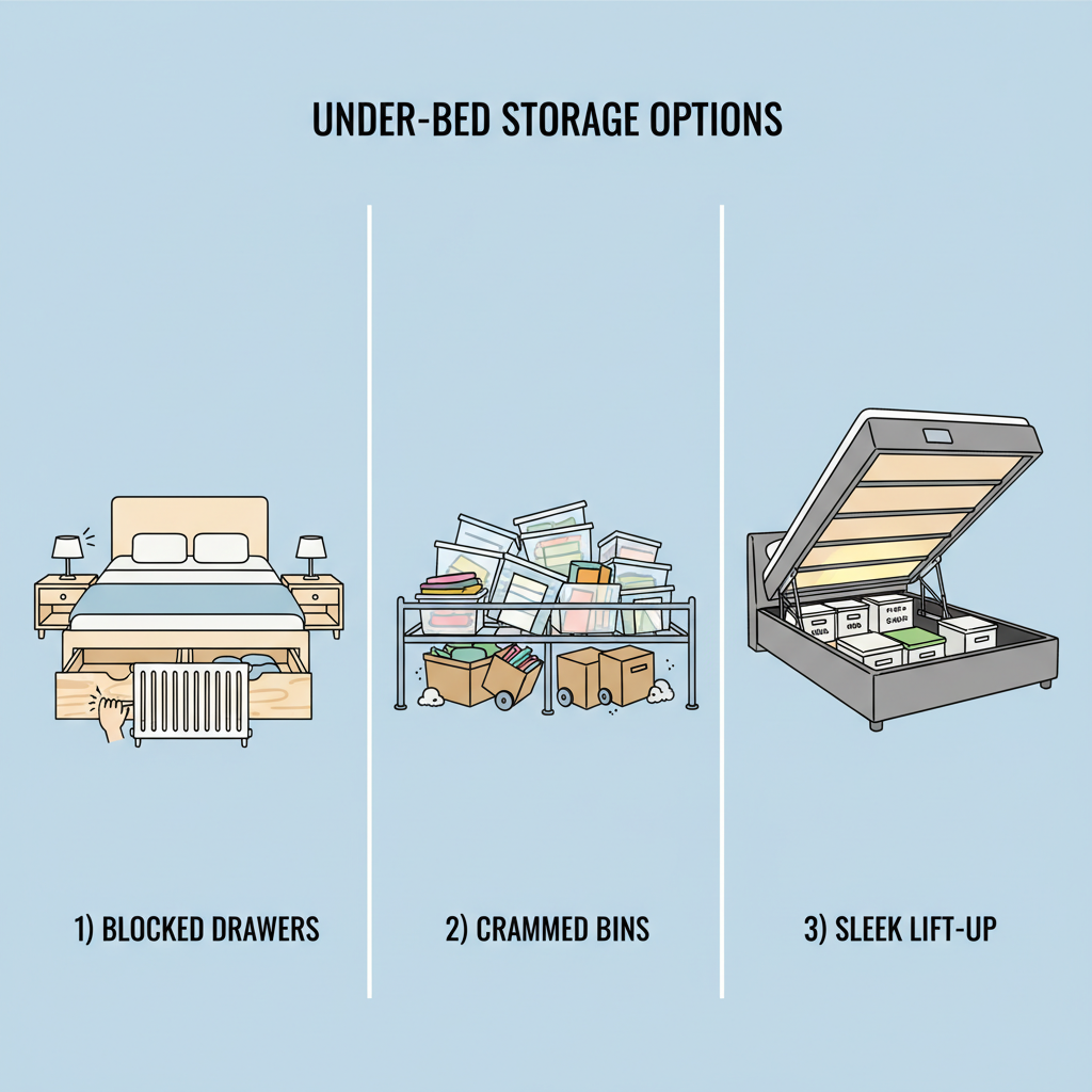 Infographic comparing under-bed drawers, plastic bins, and a vertical lift up storage bed