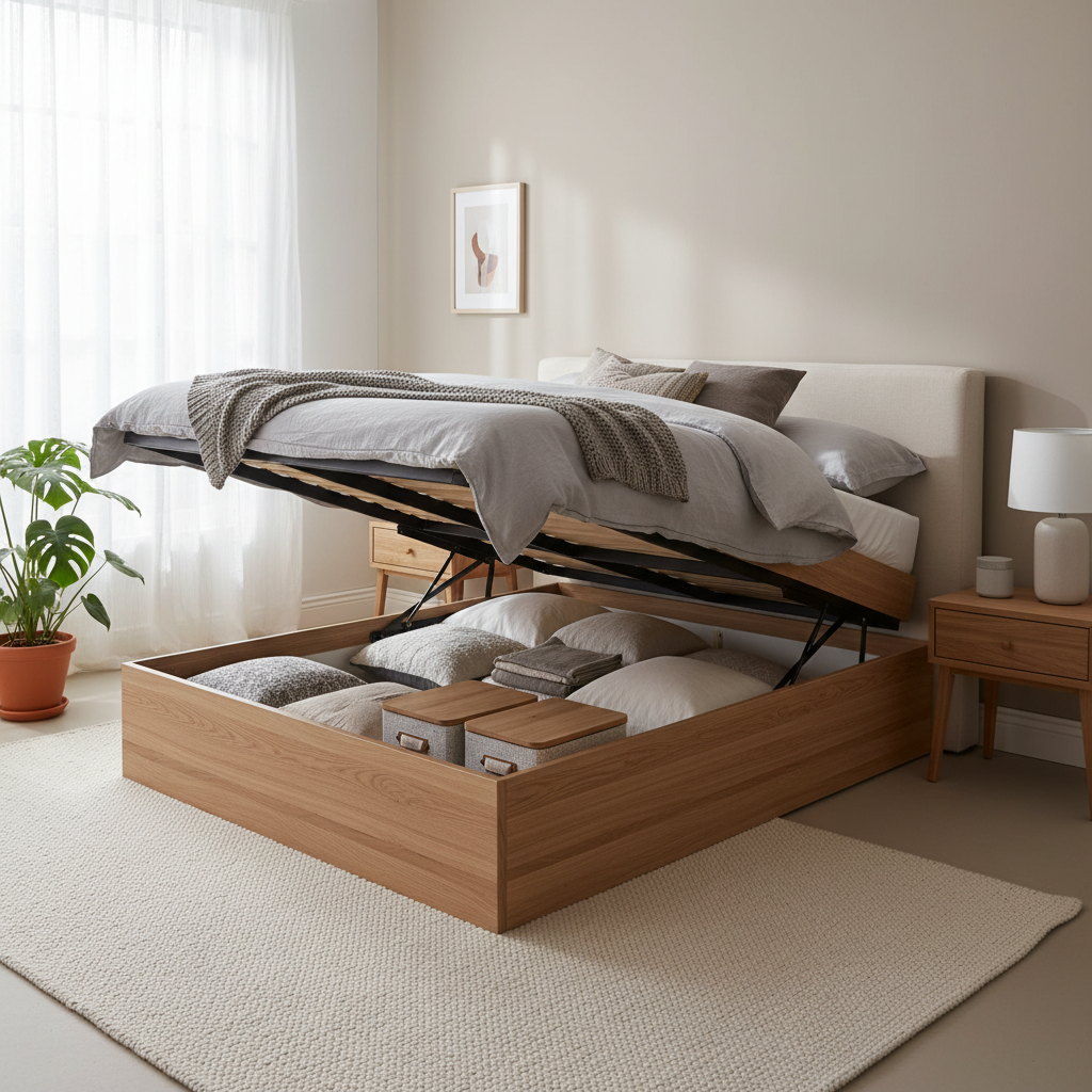 Cozy modern bedroom with a stylish lift up storage bed, mattress platform raised to reveal hidden storage