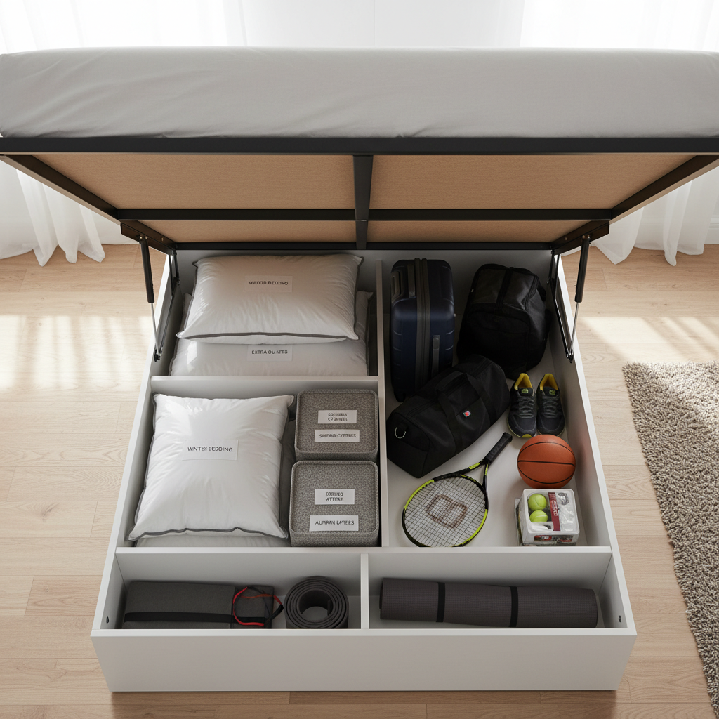 Top-down view of an open lift up bed with neatly organized bedding, clothes, luggage, and sports gear