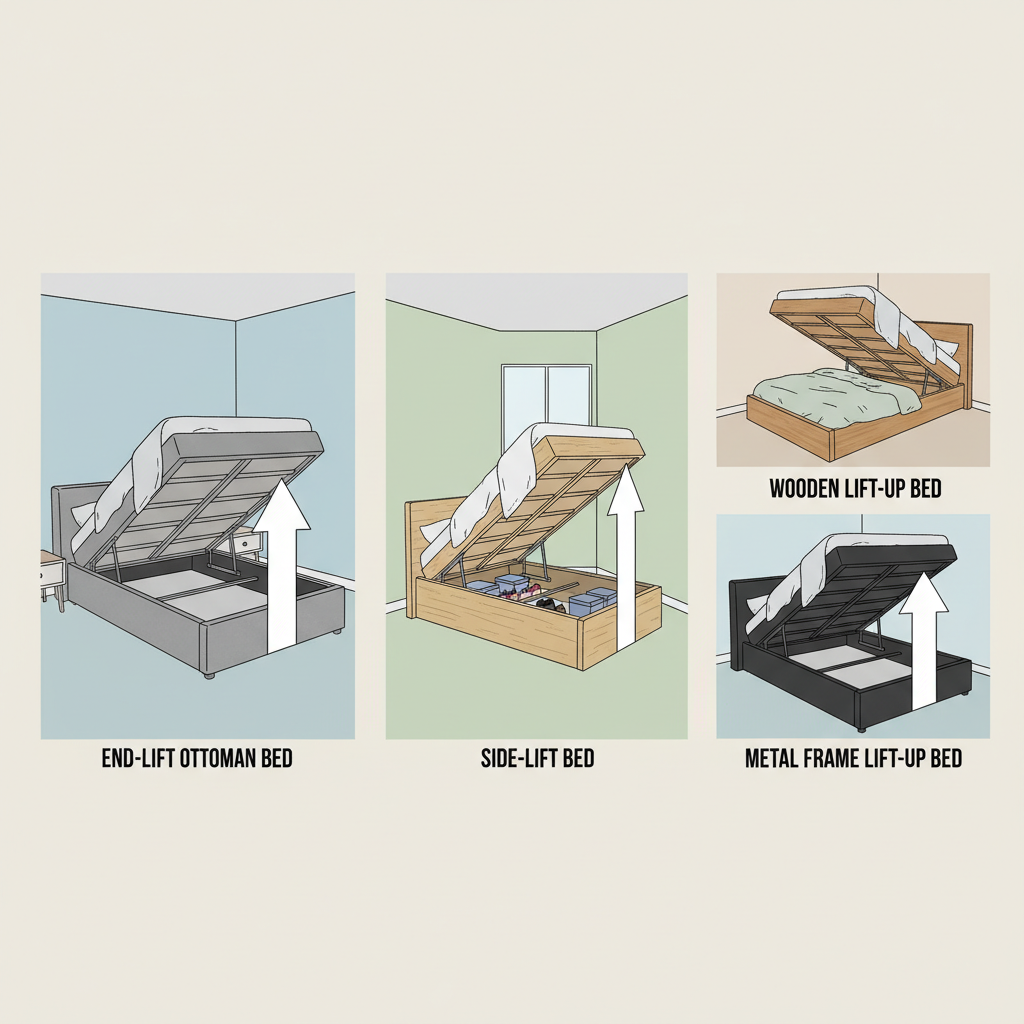 Diagram showing different types of lift up storage beds with end-lift, side-lift, and various frame materials