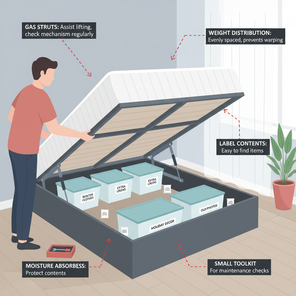 Instructional illustration of a person using and maintaining a lift up storage bed with labeled tips