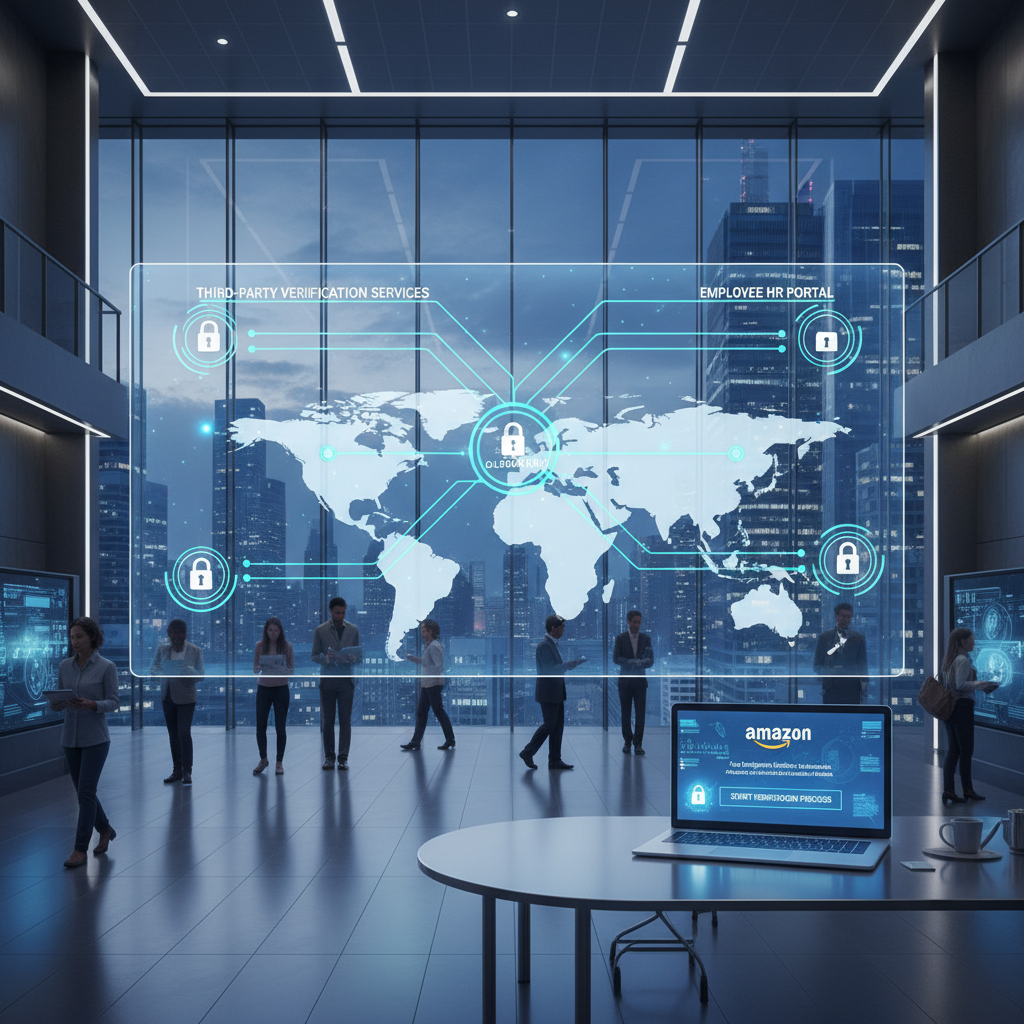 Diagram of Amazon connecting to global third-party employment verification services and HR portals