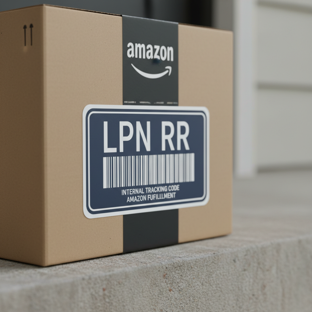 Close-up Amazon box with a large LPN RR label looking like a barcode license plate