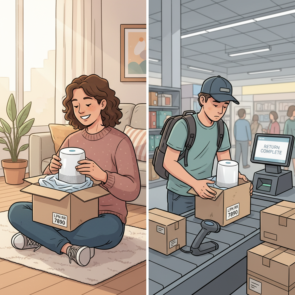 Split-scene with a customer unboxing a new product and a returns station both showing the same LPN RR sticker