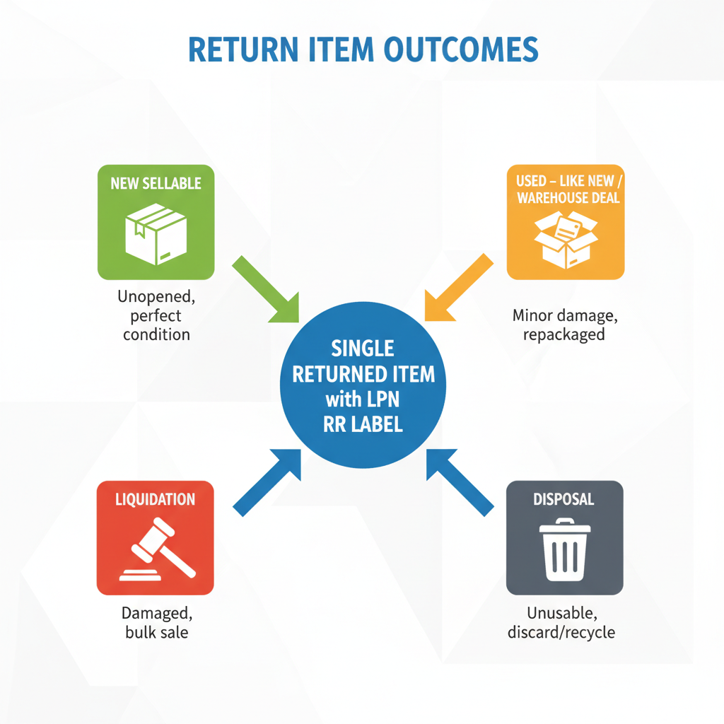 Infographic showing multiple outcomes for an LPN RR labeled return: new sellable, used like new, liquidation, and disposal