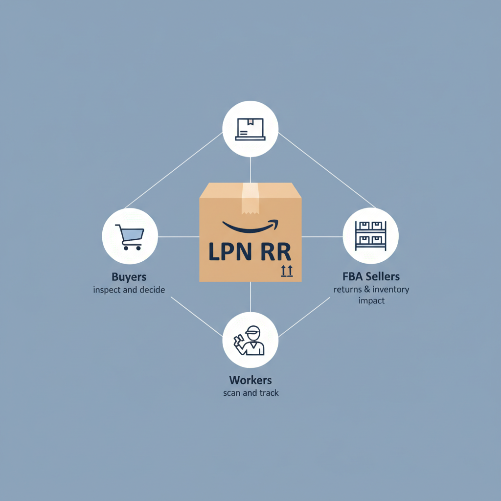 Clean summary graphic with an LPN RR Amazon box connected to buyers, FBA sellers, and workers