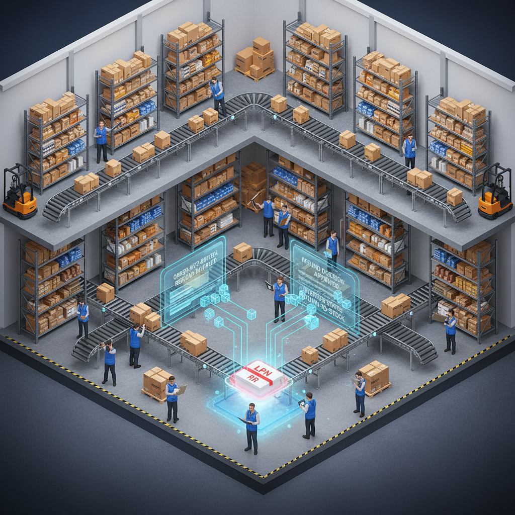 Isometric cutaway illustration of an Amazon fulfillment center with a worker scanning an LPN RR labeled return