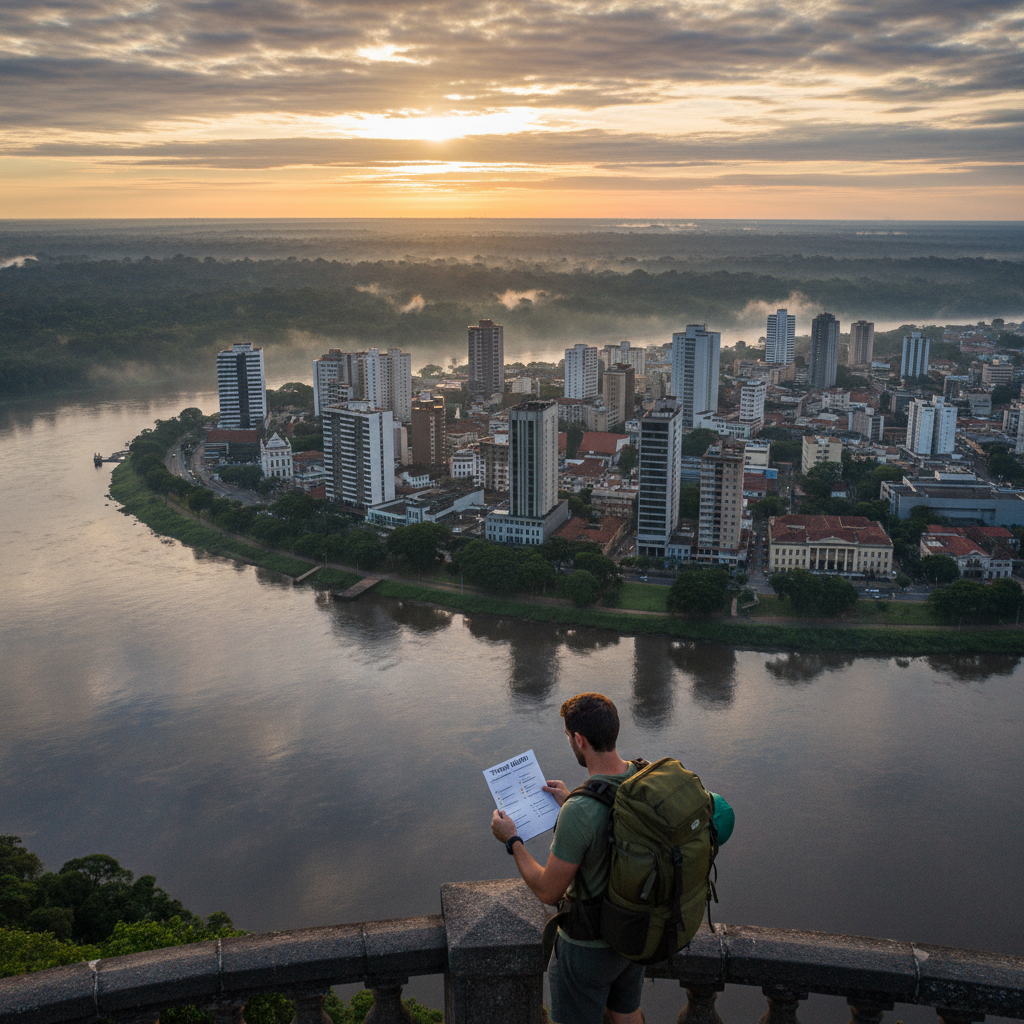 Sunrise over Manaus skyline with Rio Negro and rainforest as a traveler reviews a health checklist