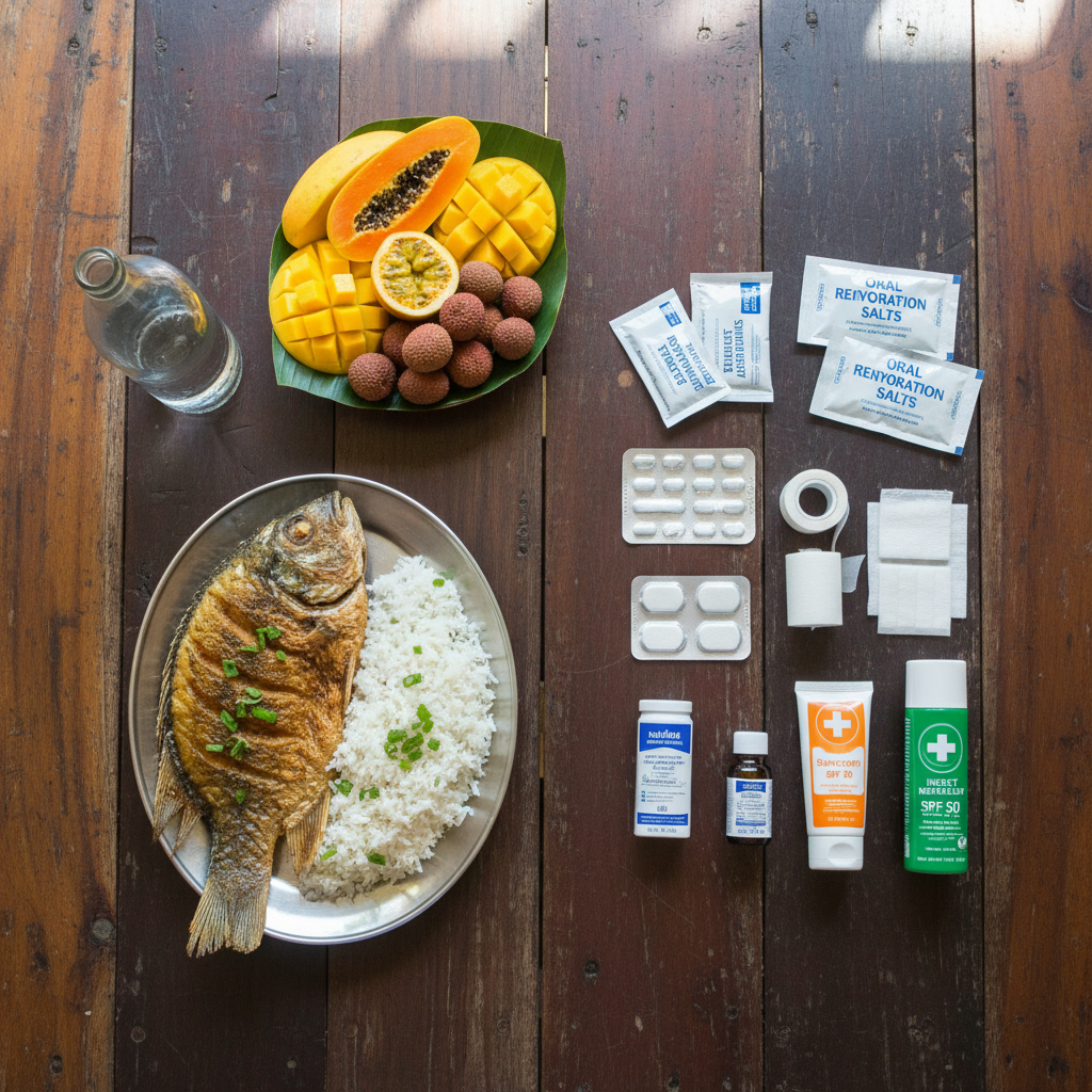 Flat-lay of safe Amazon food, bottled water, and a compact health kit on a wooden table in Manaus