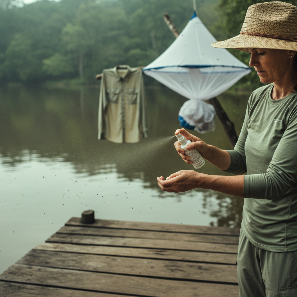 Traveler on a dock in the Amazon applying insect repellent while wearing long sleeves and a hat