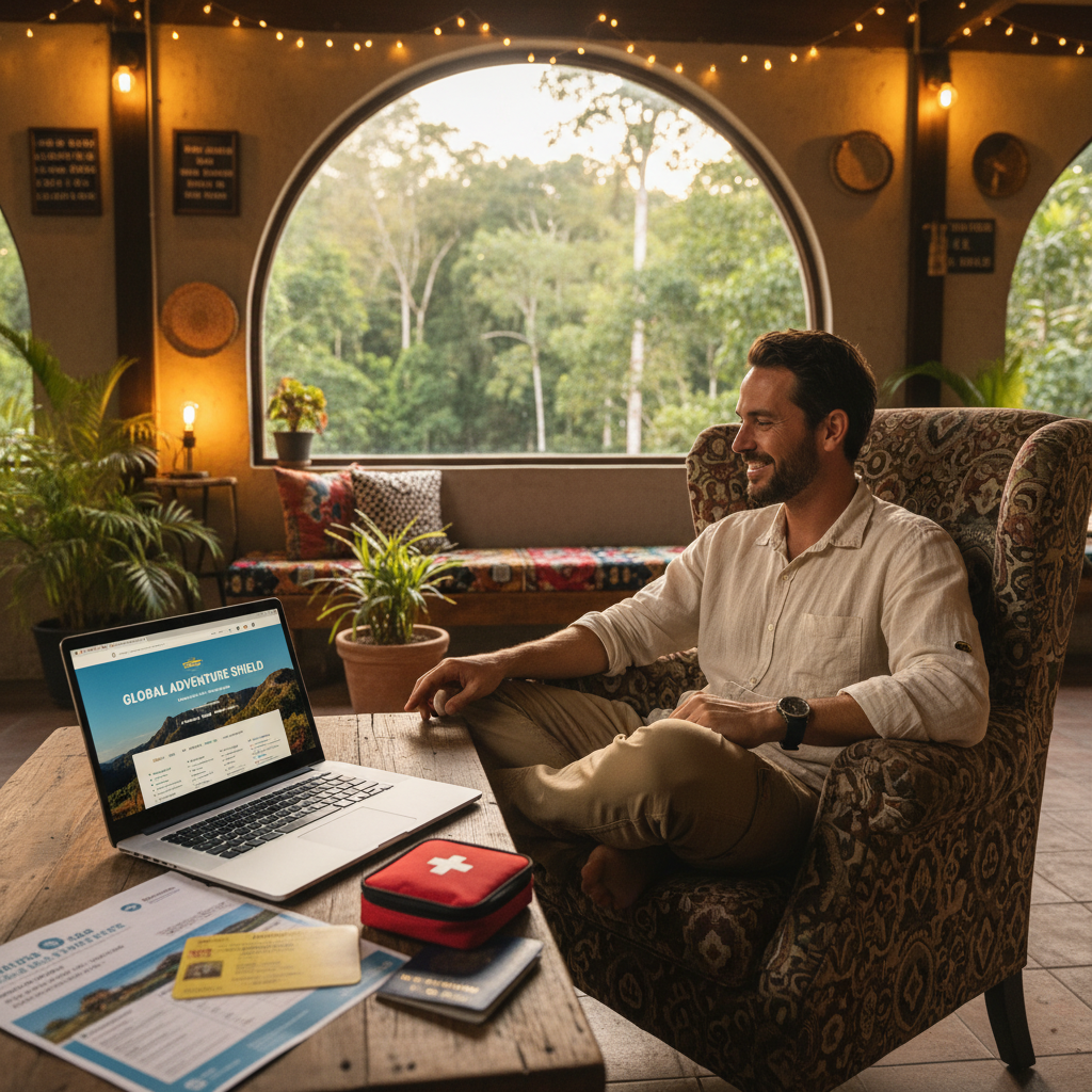 Traveler in a Manaus hostel reviewing travel insurance and health documents with first aid kit and rainforest view