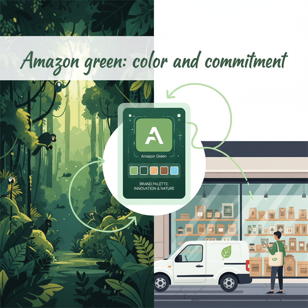 Collage of rainforest, brand palette using Amazon green, and a conscious shopper in a city with electric delivery van