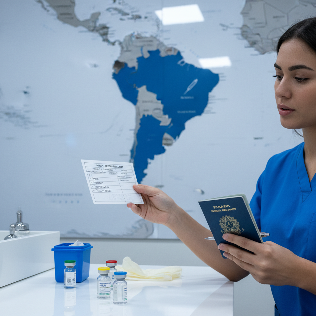 Traveler consulting with a doctor in a travel clinic about routine and travel vaccinations for Brazil and the Amazon